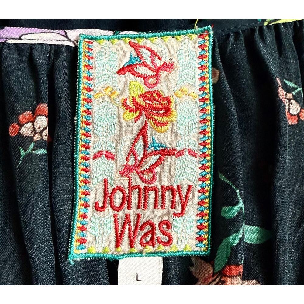 Johnny Was Floral Peasant Blouse Large Boho Tassel Tie Rayon Top Embellished - Picture 8 of 10